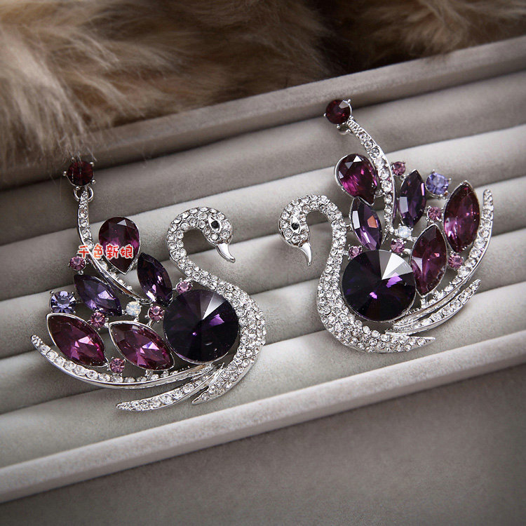 Retro Wedding Jewelry Purple Swan Rhinestone Crystal Necklace Earrings Set Bridal Party Gift
