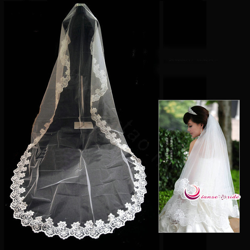 Romantic Cathedral Multilayer 300cm Length Lace Flower Edge Bridal Wedding Veil Hot Sell