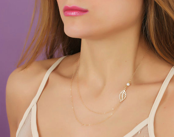 Simple Fashion Women Forest girl Two layer Gold-plated Metal Leaves Pearl Necklace Clavicle Chain