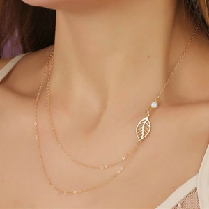 Simple Fashion Women Forest girl Two layer Gold-plated Metal Leaves Pearl Necklace Clavicle Chain