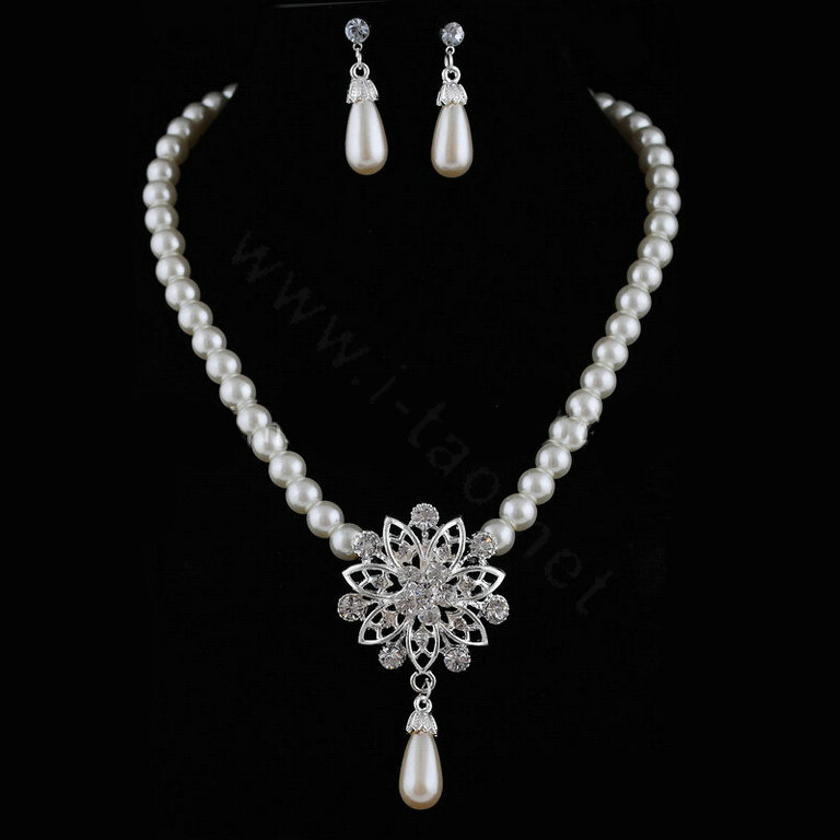 Simple Wedding Bridal Jewelry Rhinestone Flower Pearl Pendant Necklace Earrings Set Bride Party