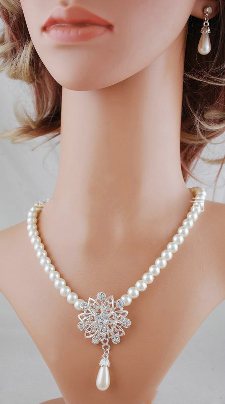 Simple Wedding Bridal Jewelry Rhinestone Flower Pearl Pendant Necklace Earrings Set Bride Party