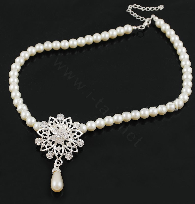 Simple Wedding Bridal Jewelry Rhinestone Flower Pearl Pendant Necklace Earrings Set Bride Party