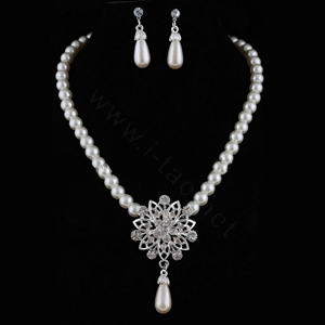 Simple Wedding Bridal Jewelry Rhinestone Flower Pearl Pendant Necklace Earrings Set Bride Party