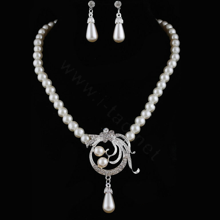 Simple Wedding Bridal Jewelry Rhinestone Hollow Flower Pearl Pendant Necklace Earrings Set
