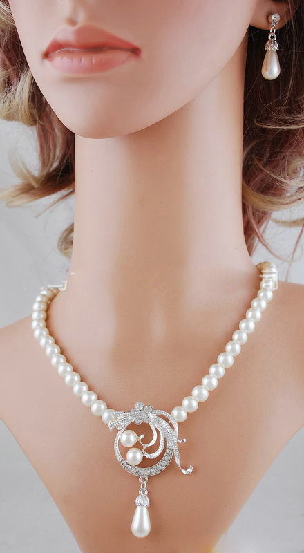 Simple Wedding Bridal Jewelry Rhinestone Hollow Flower Pearl Pendant Necklace Earrings Set