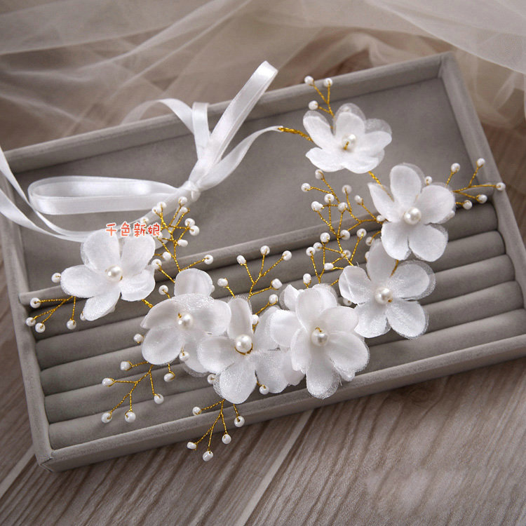 Simple Wedding Gold Headdress By hand Pearl Lace Flower Bridal Headband Ribbon Hair Accessories