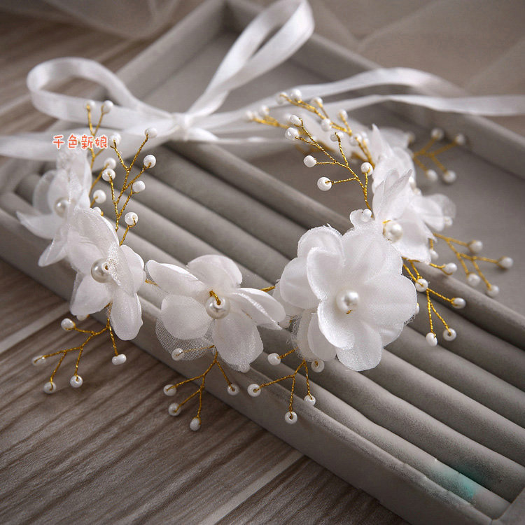 Simple Wedding Gold Headdress By hand Pearl Lace Flower Bridal Headband Ribbon Hair Accessories