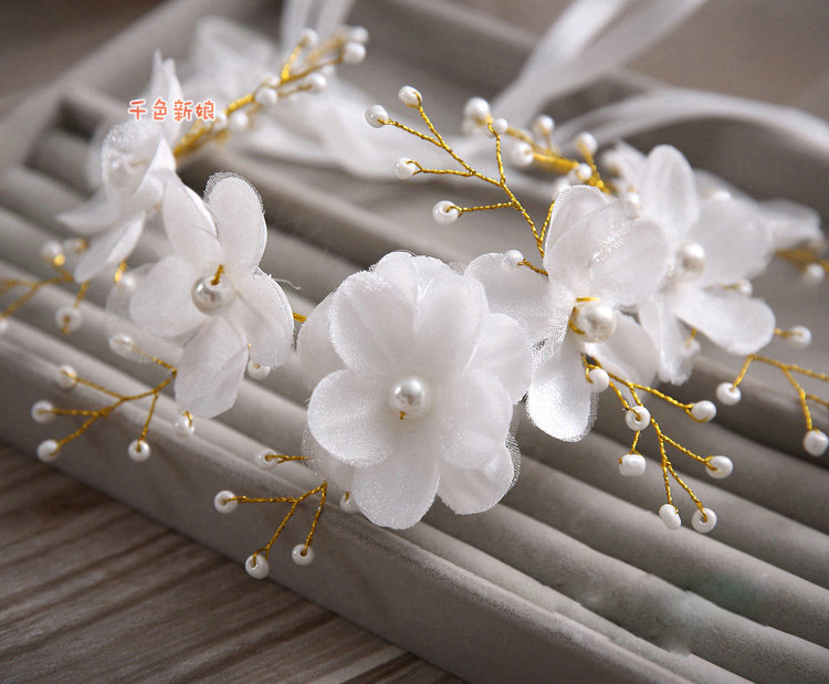 Simple Wedding Gold Headdress By hand Pearl Lace Flower Bridal Headband Ribbon Hair Accessories