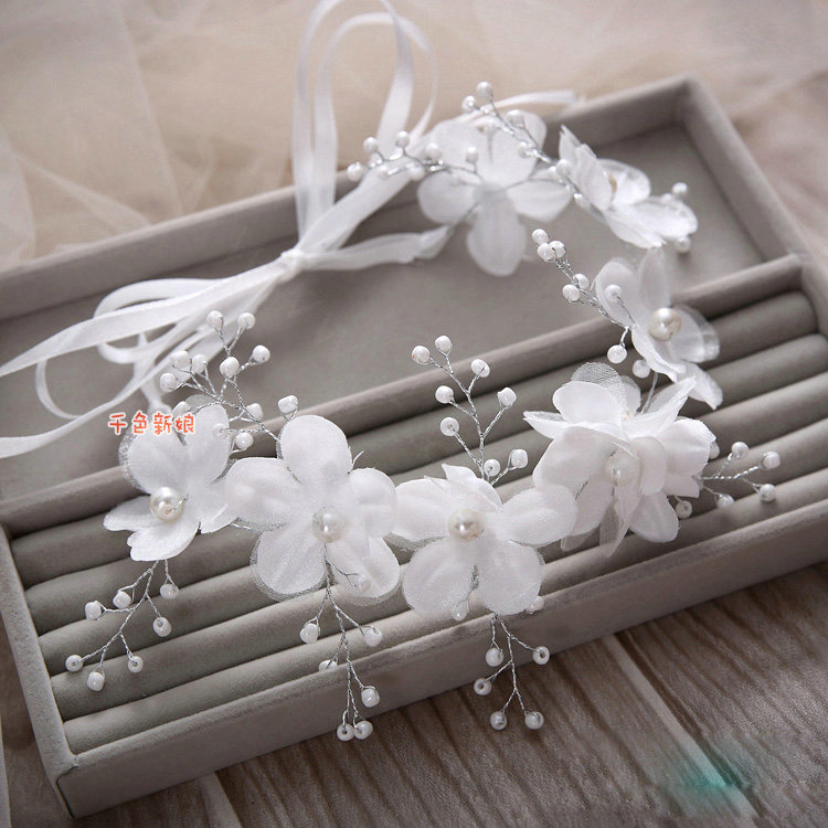 Simple Wedding Headdress By hand Pearl Lace Flower Bridal Headband Ribbon Hair Accessories