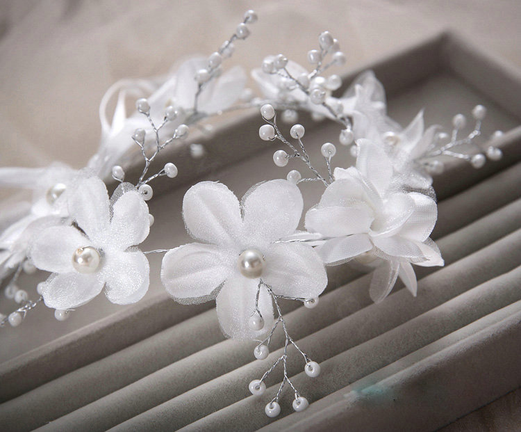 Simple Wedding Headdress By hand Pearl Lace Flower Bridal Headband Ribbon Hair Accessories