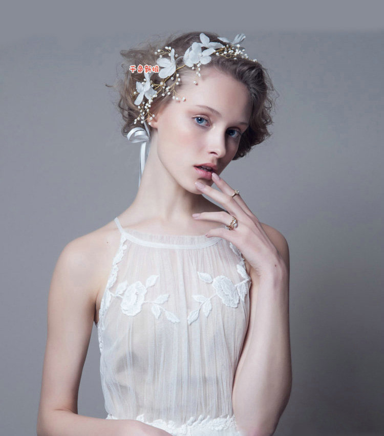 Simple Wedding Headdress By hand Pearl Lace Flower Bridal Headband Ribbon Hair Accessories
