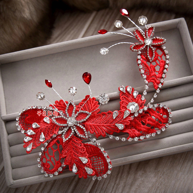 Simple Wedding Headdress By hand Rhinestone Red Lace Hollow Flower Bridal Headband Hair Accessories