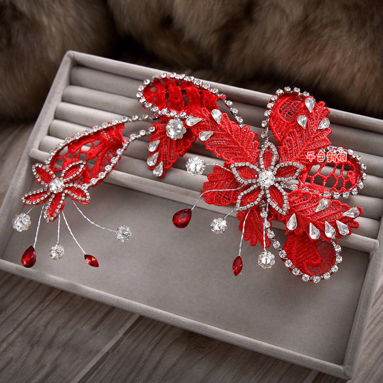 Simple Wedding Headdress By hand Rhinestone Red Lace Hollow Flower Bridal Headband Hair Accessories