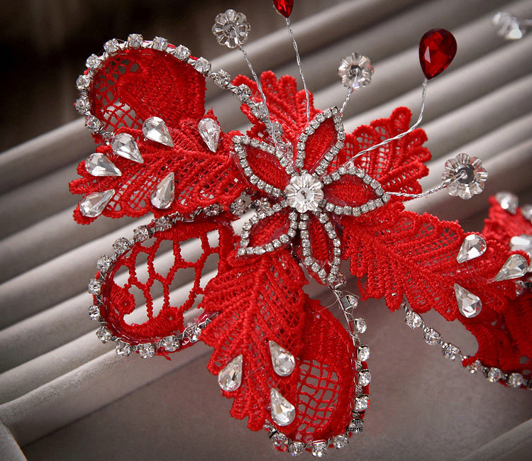 Simple Wedding Headdress By hand Rhinestone Red Lace Hollow Flower Bridal Headband Hair Accessories