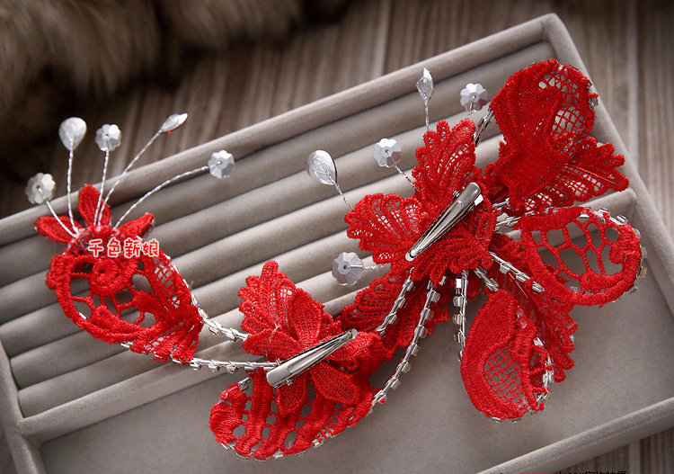 Simple Wedding Headdress By hand Rhinestone Red Lace Hollow Flower Bridal Headband Hair Accessories