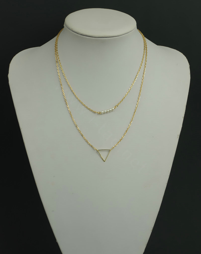Unique Fashion Women Double layer Gold-plated Pearl Metal Hollow Triangle Necklace Clavicle Chain