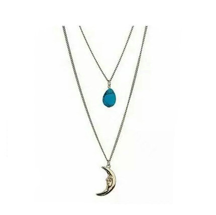 Unique Fashion Women Double layer Gold-plated Turquoise Metal Moon Necklace Clavicle Chain