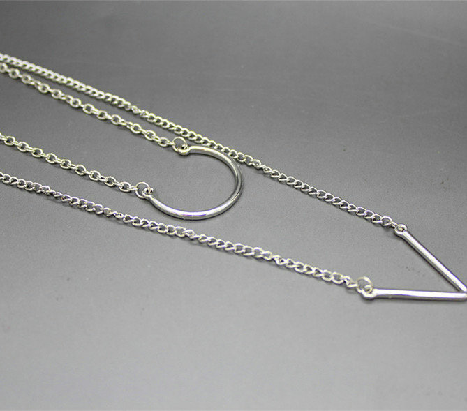 Unique Fashion Women Double layer Silver Gold-plated Geometry Triangular Necklace Clavicle Chain