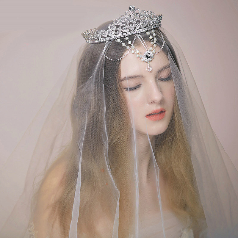 Vintage Bridal Wedding Alloy Flower Rhinestone Tiaras Pearl Crystal Tassel Crown Hair Accessories