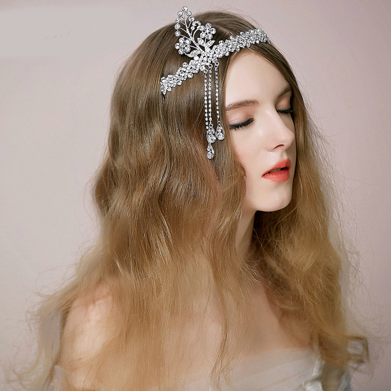 Vintage Bridal Wedding Alloy Leaf Tassel Rhinestone Crystal Bead Bride Headband Hair Accessories