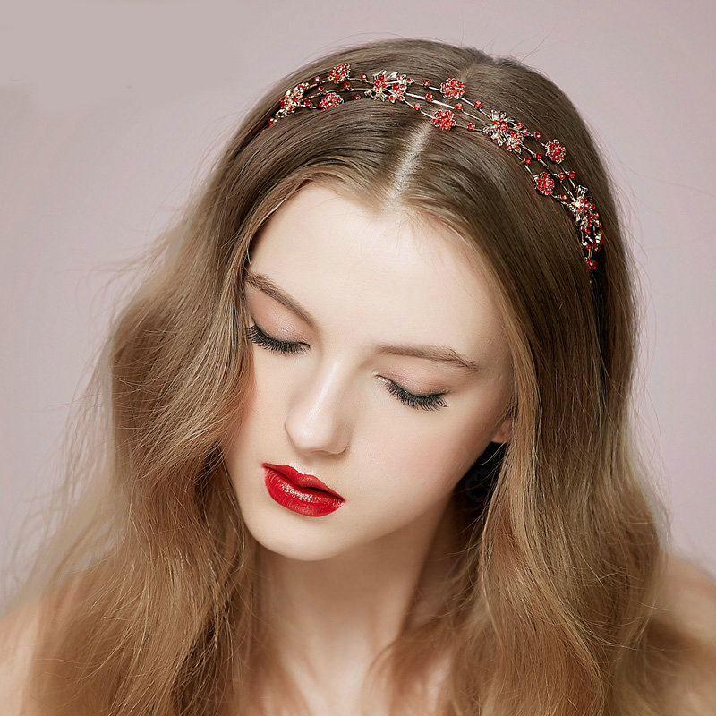 Vintage Bridal Wedding Alloy Red Flower Rhinestone Crystal Bride Headband Hair Accessories