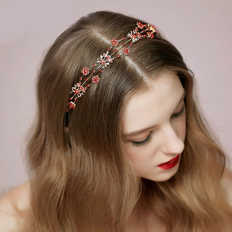 Vintage Bridal Wedding Alloy Red Flower Rhinestone Crystal Bride Headband Hair Accessories
