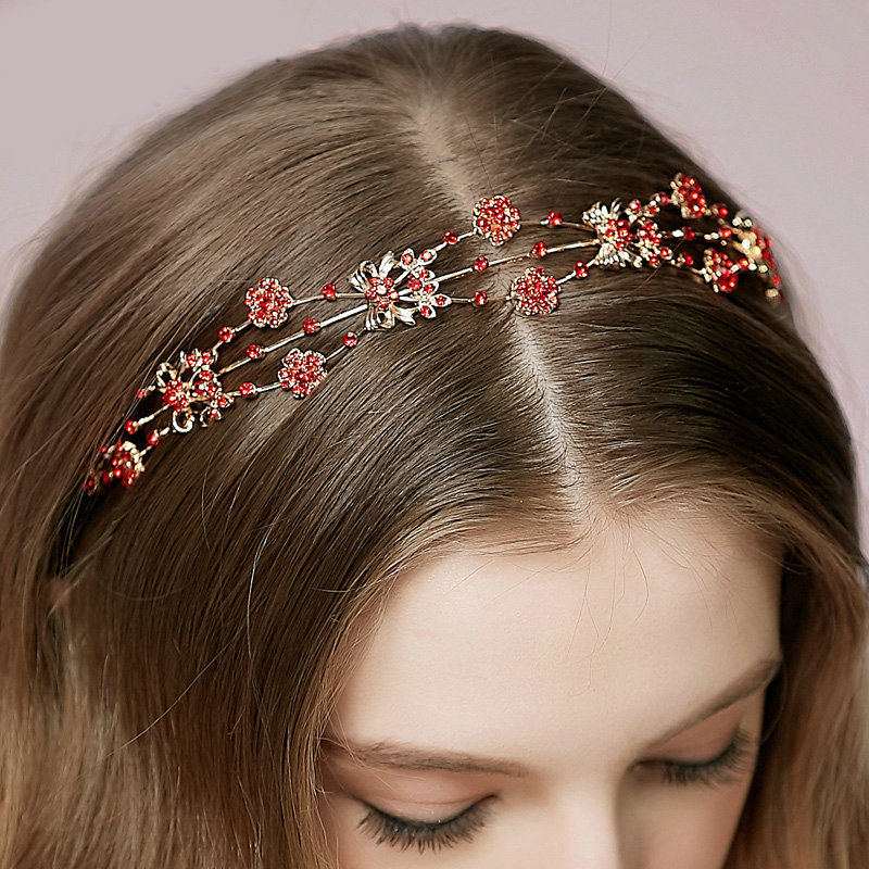 Vintage Bridal Wedding Alloy Red Flower Rhinestone Crystal Bride Headband Hair Accessories
