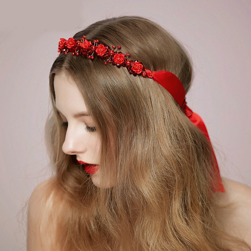 Vintage Bridal Wedding Alloy Red Pearl Flower Rhinestone Crystal Bride Ribbon Headband Hair Accessories