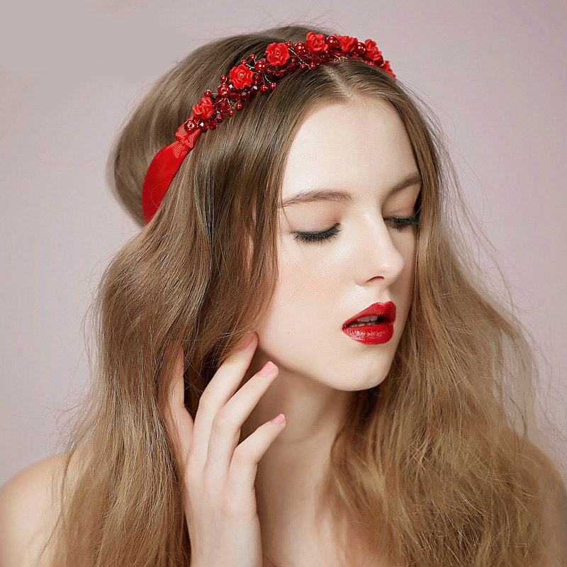 Vintage Bridal Wedding Alloy Red Pearl Flower Rhinestone Crystal Bride Ribbon Headband Hair Accessories