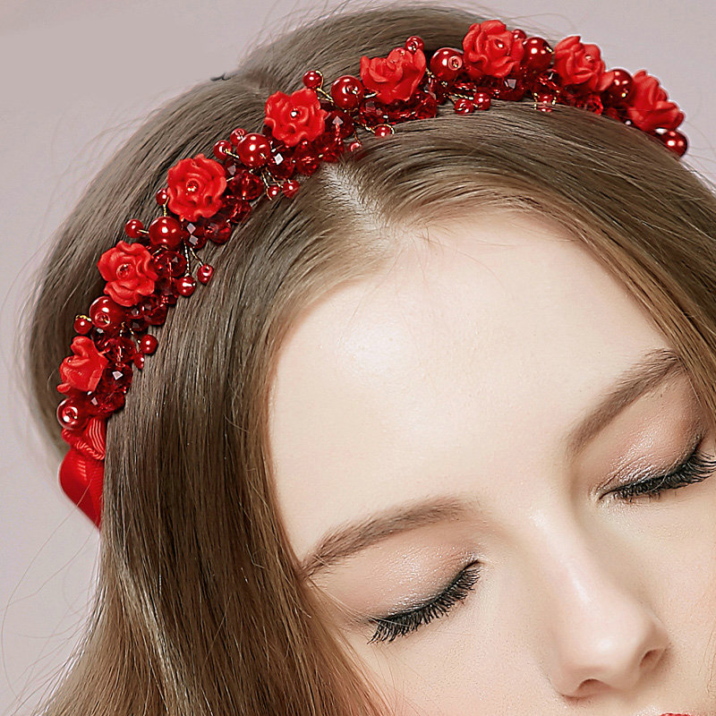 Vintage Bridal Wedding Alloy Red Pearl Flower Rhinestone Crystal Bride Ribbon Headband Hair Accessories