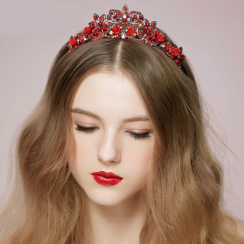 Vintage Bridal Wedding Alloy Rhinestone Tiaras Red Flower Pearl Crystal Crown Hair Accessories