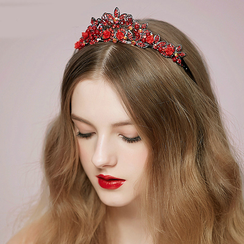 Vintage Bridal Wedding Alloy Rhinestone Tiaras Red Flower Pearl Crystal Crown Hair Accessories