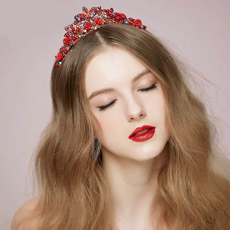 Vintage Bridal Wedding Alloy Rhinestone Tiaras Red Flower Pearl Crystal Crown Hair Accessories