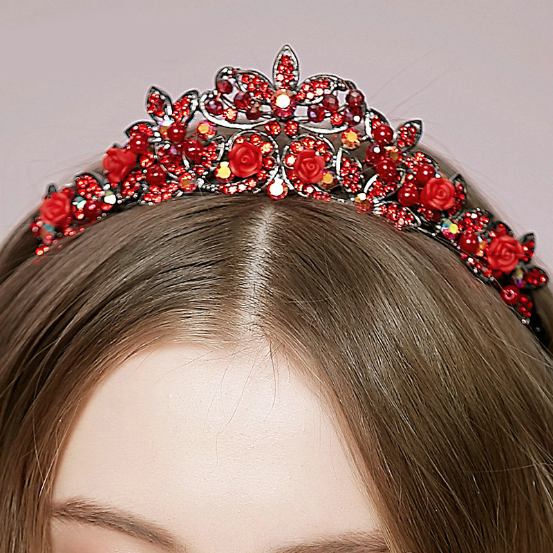 Vintage Bridal Wedding Alloy Rhinestone Tiaras Red Flower Pearl Crystal Crown Hair Accessories