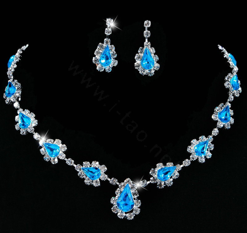Vintage Wedding Bridal Jewelry Alloy Blue Rhinestone Water-drop Statement Necklace Earrings Set