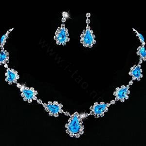 Vintage Wedding Bridal Jewelry Alloy Blue Rhinestone Water-drop Statement Necklace Earrings Set