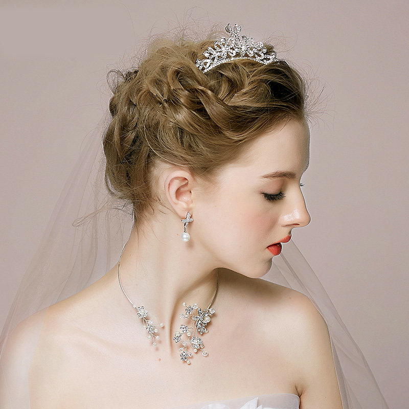 Vintage Wedding Bridal Jewelry Alloy Butterfly Pearl Rhinestone Crystal Tiaras Necklace Earrings Set