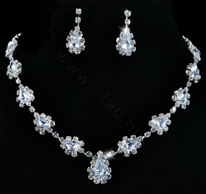 Vintage Wedding Bridal Jewelry Alloy Clear Rhinestone Water-drop Statement Necklace Earrings Set