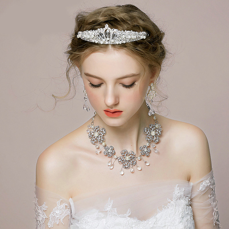 Vintage Wedding Bridal Jewelry Alloy Flower Pearl Rhinestone Crystal Bead Tiaras Necklace Earrings Set