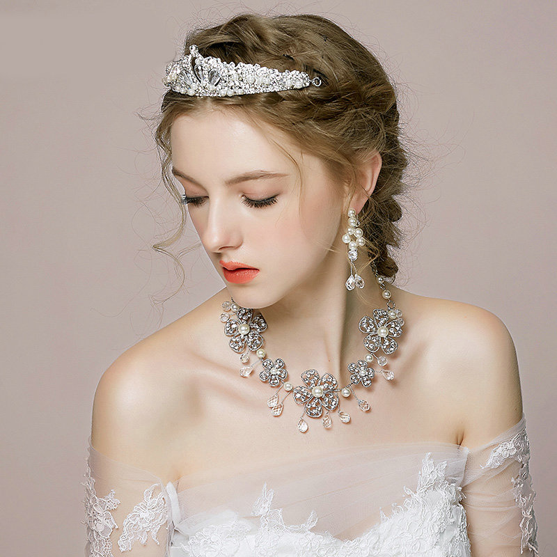 Vintage Wedding Bridal Jewelry Alloy Flower Pearl Rhinestone Crystal Bead Tiaras Necklace Earrings Set