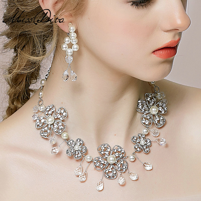 Vintage Wedding Bridal Jewelry Alloy Flower Pearl Rhinestone Crystal Bead Tiaras Necklace Earrings Set