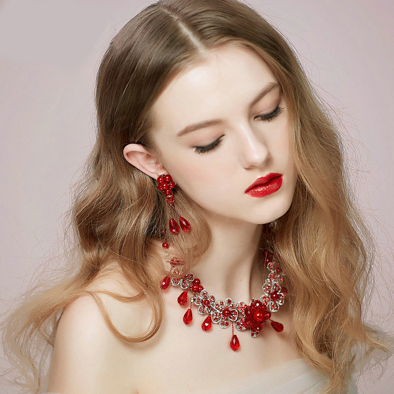 Vintage Wedding Bridal Jewelry Alloy Flower Red Pearl Rhinestone Crystal Bead Necklace Earrings Set