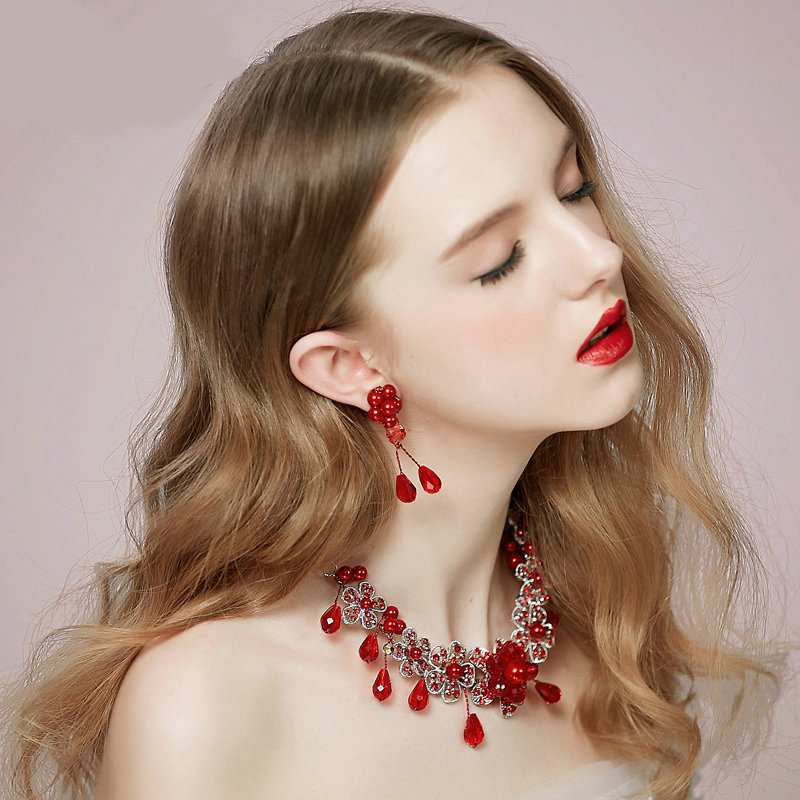 Vintage Wedding Bridal Jewelry Alloy Flower Red Pearl Rhinestone Crystal Bead Necklace Earrings Set