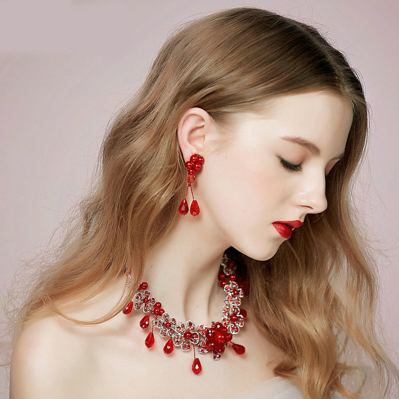 Vintage Wedding Bridal Jewelry Alloy Flower Red Pearl Rhinestone Crystal Bead Necklace Earrings Set