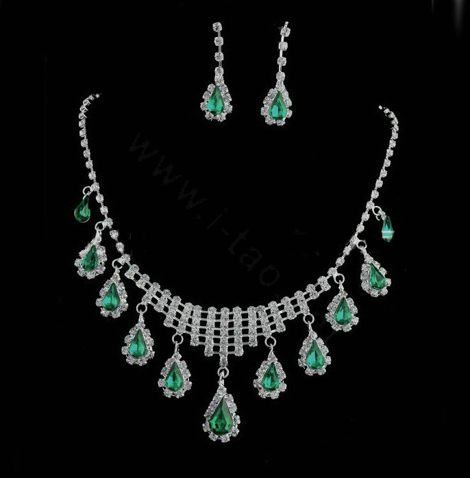 Vintage Wedding Bridal Jewelry Alloy Green Rhinestone Water-drop Tassel Necklace Earrings Set