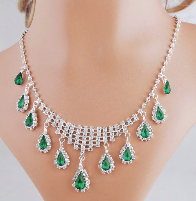 Vintage Wedding Bridal Jewelry Alloy Green Rhinestone Water-drop Tassel Necklace Earrings Set