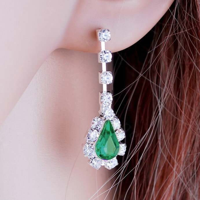 Vintage Wedding Bridal Jewelry Alloy Green Rhinestone Water-drop Tassel Necklace Earrings Set