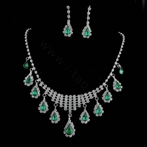 Vintage Wedding Bridal Jewelry Alloy Green Rhinestone Water-drop Tassel Necklace Earrings Set