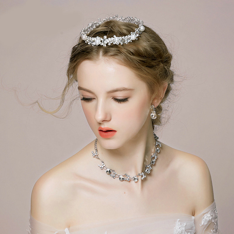 Vintage Wedding Bridal Jewelry Alloy Pearl Rhinestone Crystal Tiaras Necklace Earrings Set